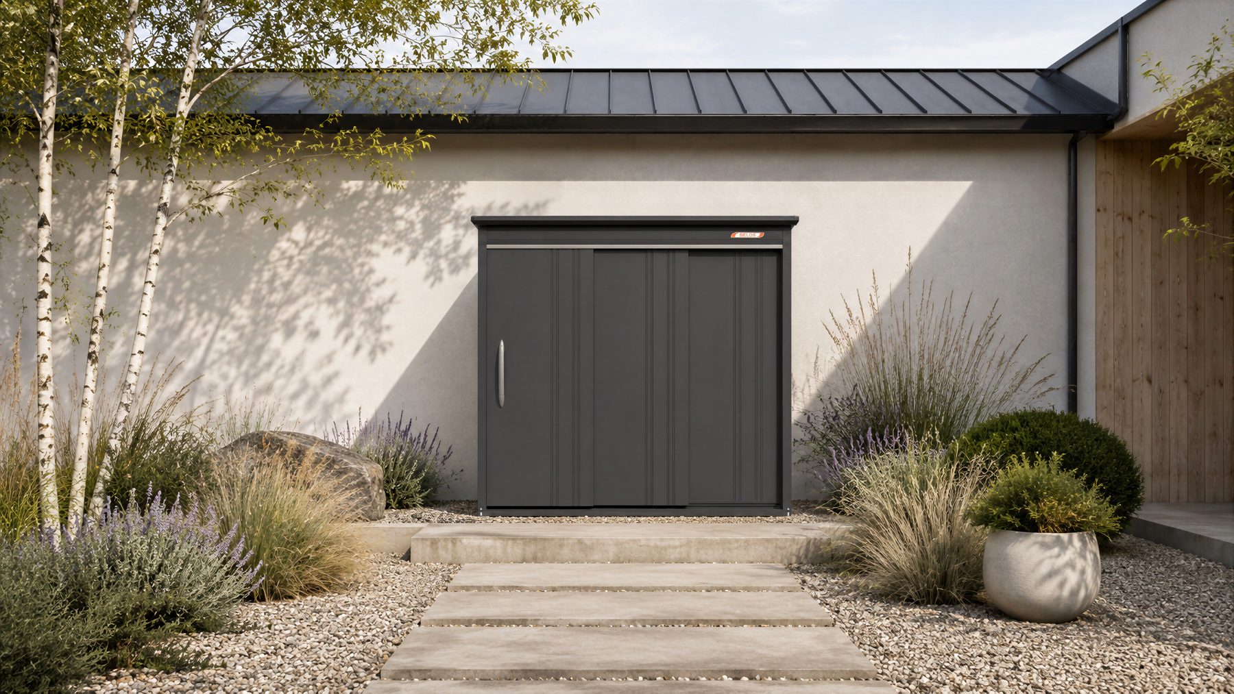 Steel shed beside a modern garden house